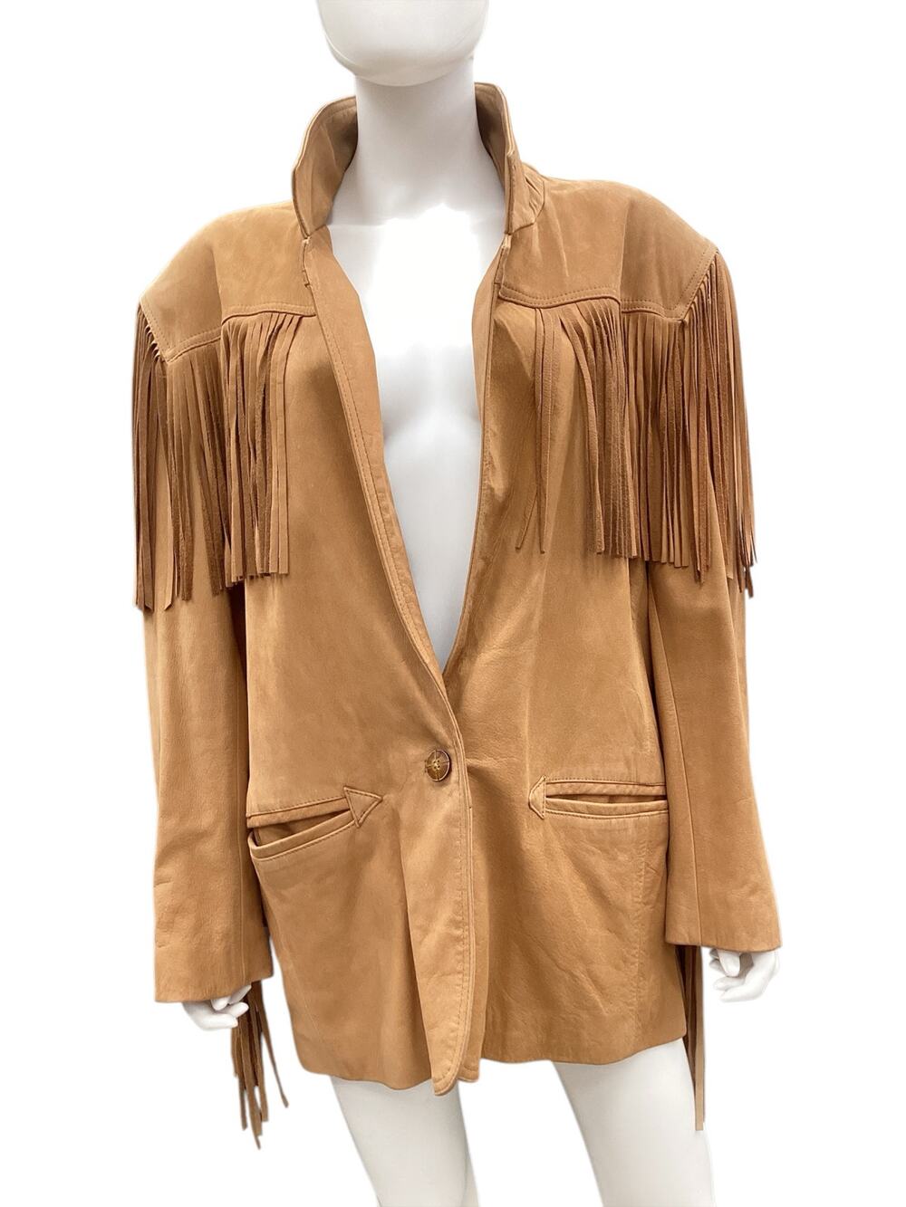 VTG La Nouvelle Renaissance Women’s Leather Jacket Size L Fringes Camel Color